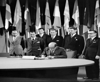 Czechoslovak Foreign Minister, Jan Masaryk, signs the UN Charter (San Francisco, June 26, 1945)