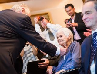 The Czech President Miloš Zeman awarding Mrs. Anděla Haida the Medal for Bravery 
