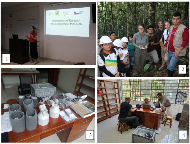 1. Presentación general a estudiantes de la UNAS a cargo de la Dra. Lenka Ehrenbergerová. 2. Capacitación en campo. 3. Llegada de los equipos micro climáticos a la UNAS. 4. Verificación y Configuración de los equipos por parte de especialistas de Mendelu