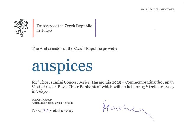 Záštita nad koncertem "Chorus Infini Concert Series: Harmonija 2025 – Commemorating the Japan Visit of Czech Boys’ Choir Bonifantes"