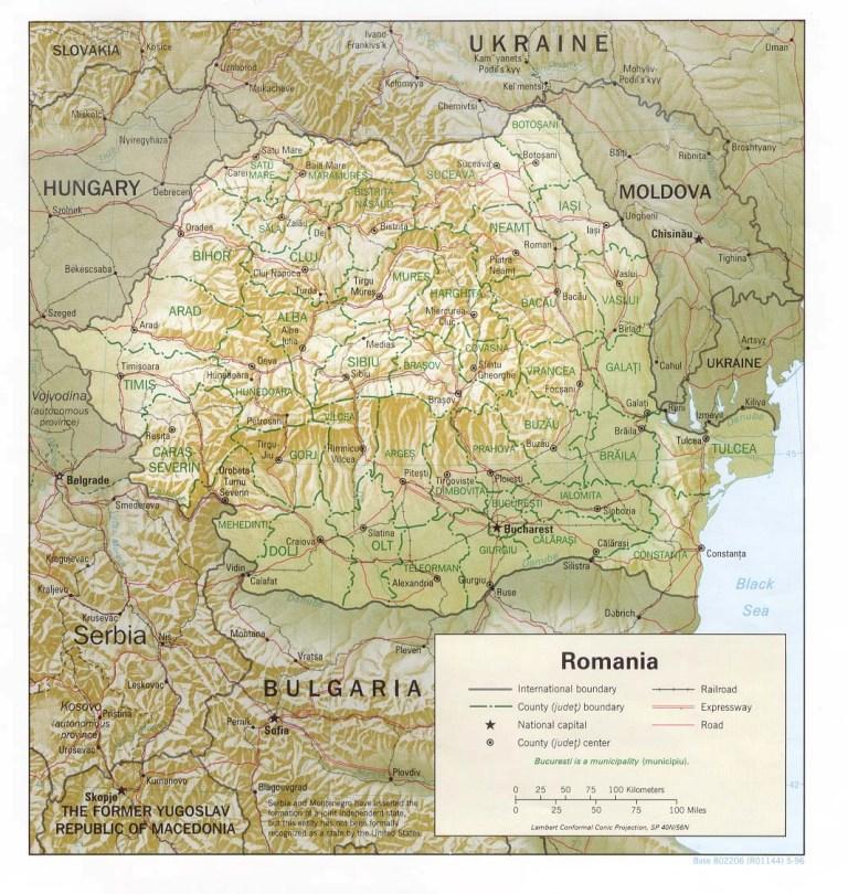 Rumunsko - geograficka mapa (+adminstrativni deleni)