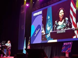  Ambassador Marie Chatardova delivering her address in the capacity of the President of the ECOSOC at WUF9 2018 in Kuala Lumpur . 