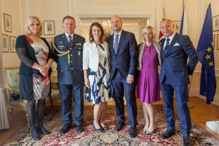 Ambassador Libor Sečka and his wife Sabrina, Ambassador´s Deputy Jan Brunner with his wife Petra, military attaché Jiří Svatoš and his wife Monika awaiting the guests of the reception Ambassador Libor Sečka launches the reception Belfiato Quintet The guests of the reception in the garden of the Ambassador's residence Ambassador Libor Sečka with architect Eva Jiřičná Ambassador Libor Sečka next to the historic model of a Škoda 442 Police President of the Czech Republic Maj. Gen. Tomáš Tuhý with the war veteran Maj. Gen. Otto Schwarz and Col. Jiří Svatoš