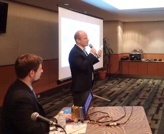  The Czech Embassy organized in Kuala Lumpur the Czech business forum focused on green technologies. Mr. Jan Brož introducing his firm BAC, on the left is the commercial attaché of the Embassy Mr. Vojtěch Hromek.   