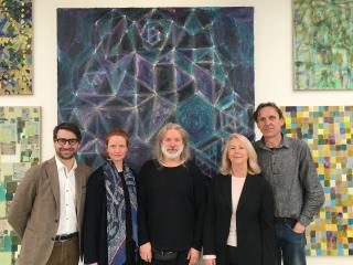 The delegation at the exhibition of Vladimír Kokolia in Brno (from left to right: Matthew Stephenson, Megan Piper, Vladimir Kokolia, Susan Moore, Miroslav Ambroz)      Members of the delegation visiting Daniel Pitín´s Art studio in Prague       A joint photo with František Skála at his exhibition in the Wallenstein Riding School in Prague      Presentation of Professor Vladimír Kokolia in the House of Photography in Prague 