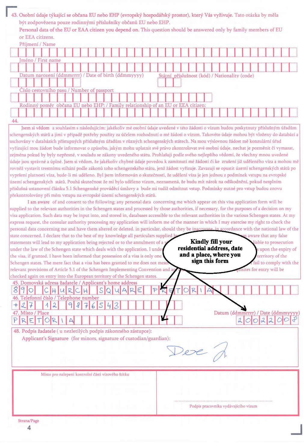 filled-in application form