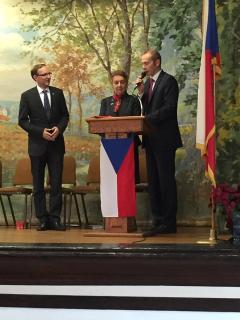 Bořek Lizec, Consul General of the Czech Republic in Chicago (left), Jaroslav Zajíček, Deputy Head of the Embassy of the Czech Republic to the United States (right) Toasting the installation with Staropromen Beer from the Czech Republic: (l-r) Don Pafko, the Honorary Consul for the Slovak Republic for Minnesota; Chuck Nickolay, Mayor of New Prague, Minnesota; Sharon Valašek, the Honorary Consul of the Czech Republic for Kansas, Missouri, and Nebraska; Marit Lee Kucera, new Honorary Consul of the Czech Republic for Minnesota, Iowa, North Dakota, and South Dakota; Jaroslav Zajíček, Deputy Chief of Mission, Embassy of the Czech Republic in Washington, D.C., and Dr. Bořek Lizec, Consul General of the Czech Republic in Chicago Dr. Bořek Lizec, Consul General of the Czech Republic in Chicago; Betty McCollum, Fourth Minnesota District Congresswoman; Marit Lee Kucera, newly installed Honorary Consul of the Czech Republic; and Jaroslav Zajíček, Deputy Chief of Mission, Embassy of the Czech Republic in Washington, D.C.