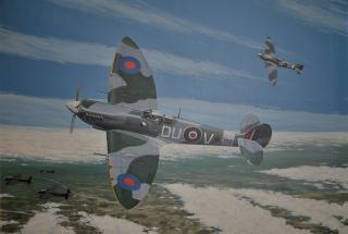 Painting titled "It's a boy" capturing M. Liškutín in his spitfire at the moment when he was told that his son was just born