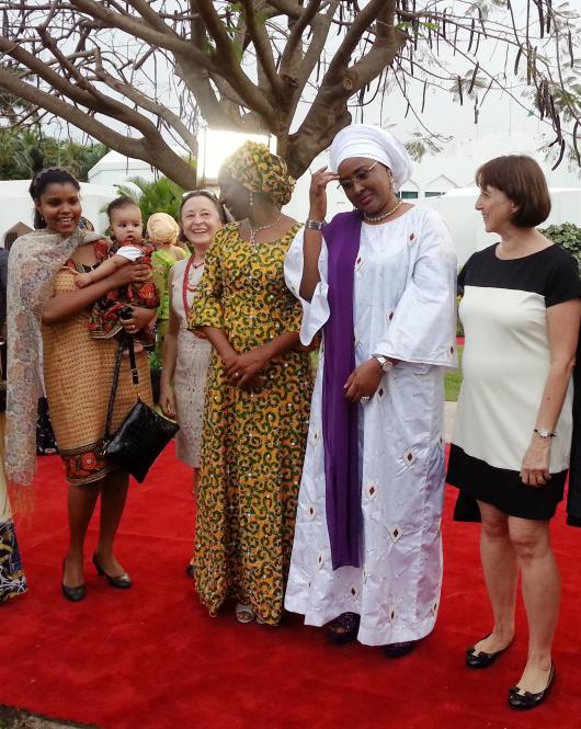 From left to right: Czech Ambassador's wife Mrs. Senait Mikešová with her daughter Valentýna, the wife of the Swedish Ambassador, the wife of the Vice President of the Federal Republic of Nigeria Mrs. Dolapo Osibanjo, the First Lady of Nigeria Mrs. Aisha