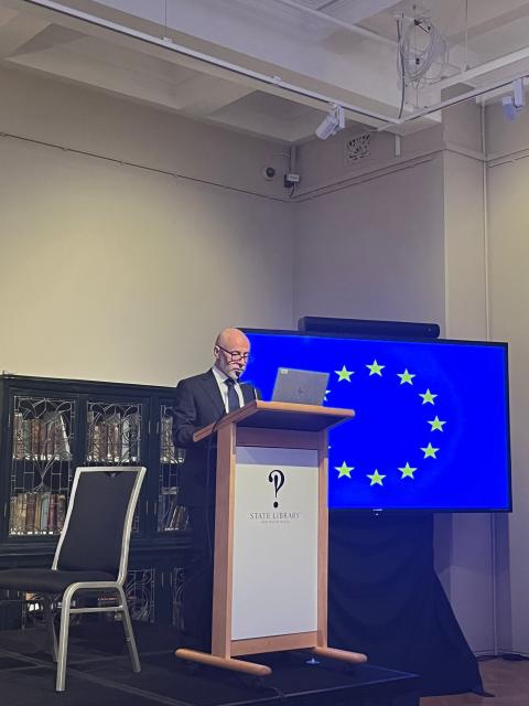 Ambassador of the EU in Australia H.E. Gabriele Visentin during his speech.