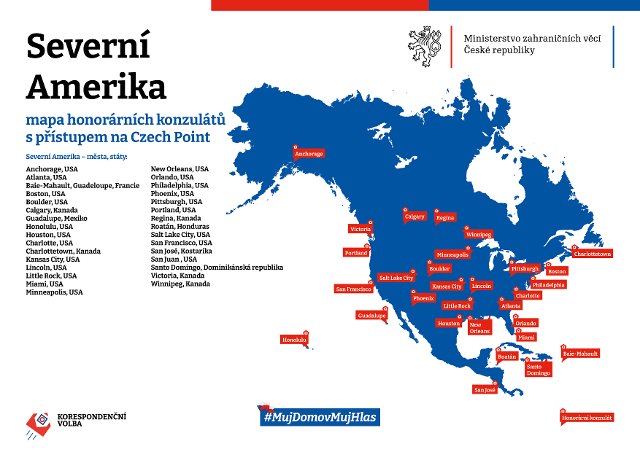 Mapa honorárních konzulátů v Severní Americe