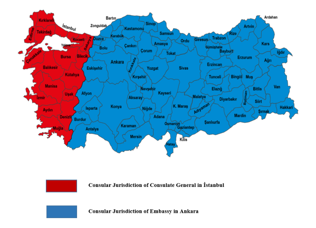İstanbul Başkonsolosluğu ile Ankara Büyükelçiliği arasında bölgesel sınırlandırma.
