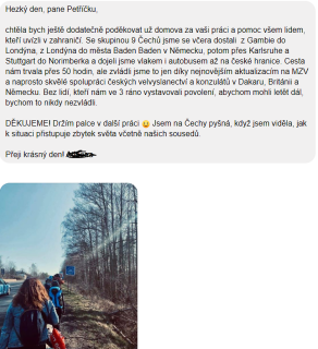 Děkovný dopis adresovaný ministrovi Petříčkovi