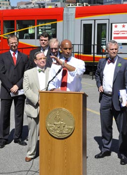 (Left to right) Czech Deputy Chief of Mission Daniel Kostoval, Assistant GM of WMATA David Kubicek, DC Councilman Graham, DC Councilman Evans, Mayor Adrian Fenty, Congressman Bluemenuer (Oregon, Third District).