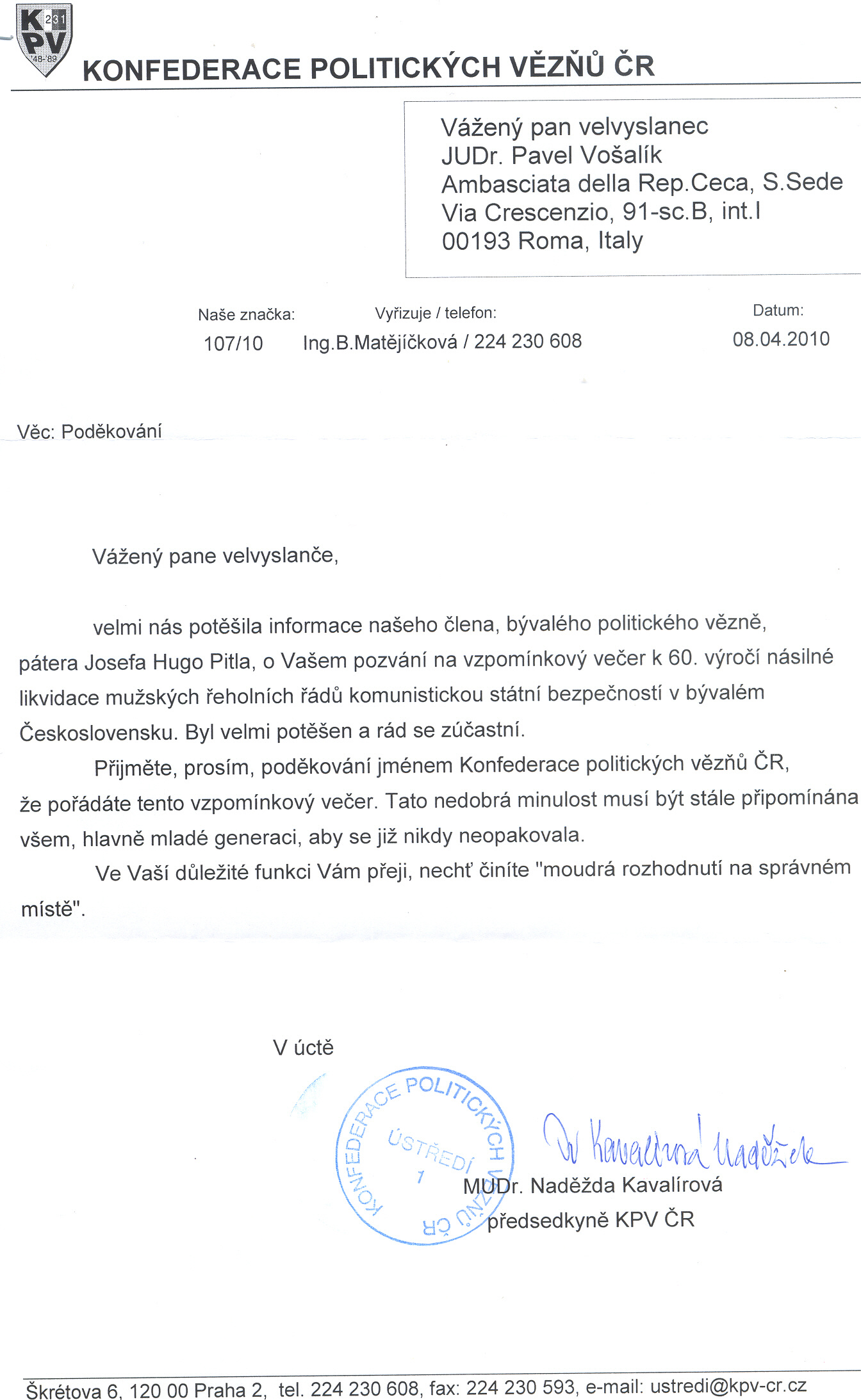 Dopis předsedkyně KPV