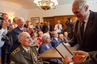 The Czech President Miloš Zeman awarding the war veterans of Czechoslovak origin