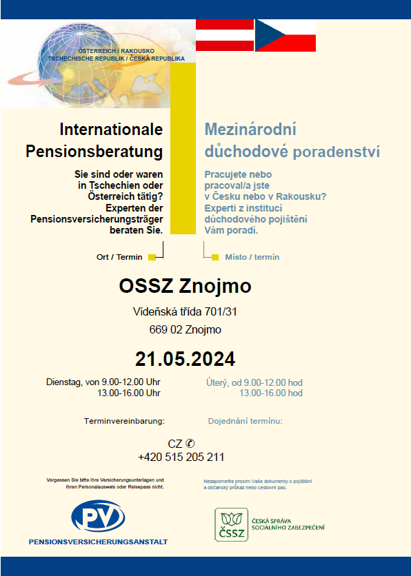 Mezinárodní důchodové poradenství ve Znojmě dne 21. 5. 2024
