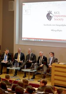 Panel discussion of the V4 countries ambassadors at King's College London Czech Ambassador Libor Sečka during his speech at King's College London Participants of the V4 countries ambassadors´ discussion at King's College London
